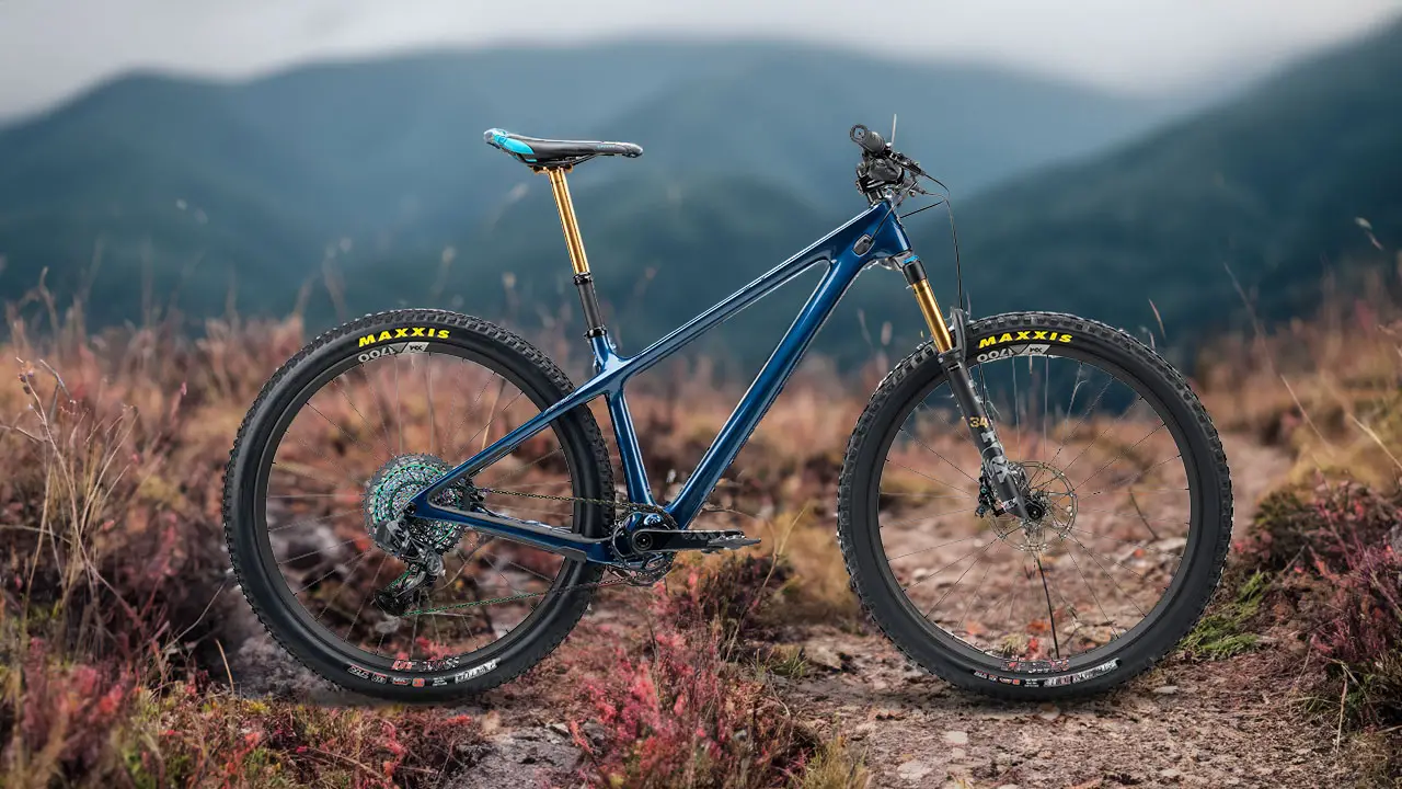 A blue mountain bike sits on a trail with mountains in the background.